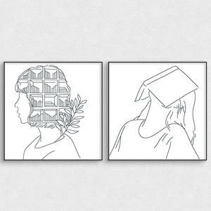 Set of 2 Bookish Lady Original Art Prints Black and White Line Art 8x8